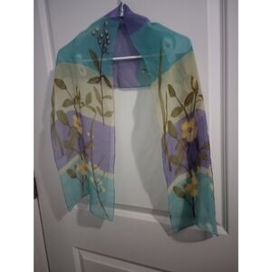Vintage Echo Floral Sheer Oblong Scarf Teal Lavender Botanical Print Long 11...